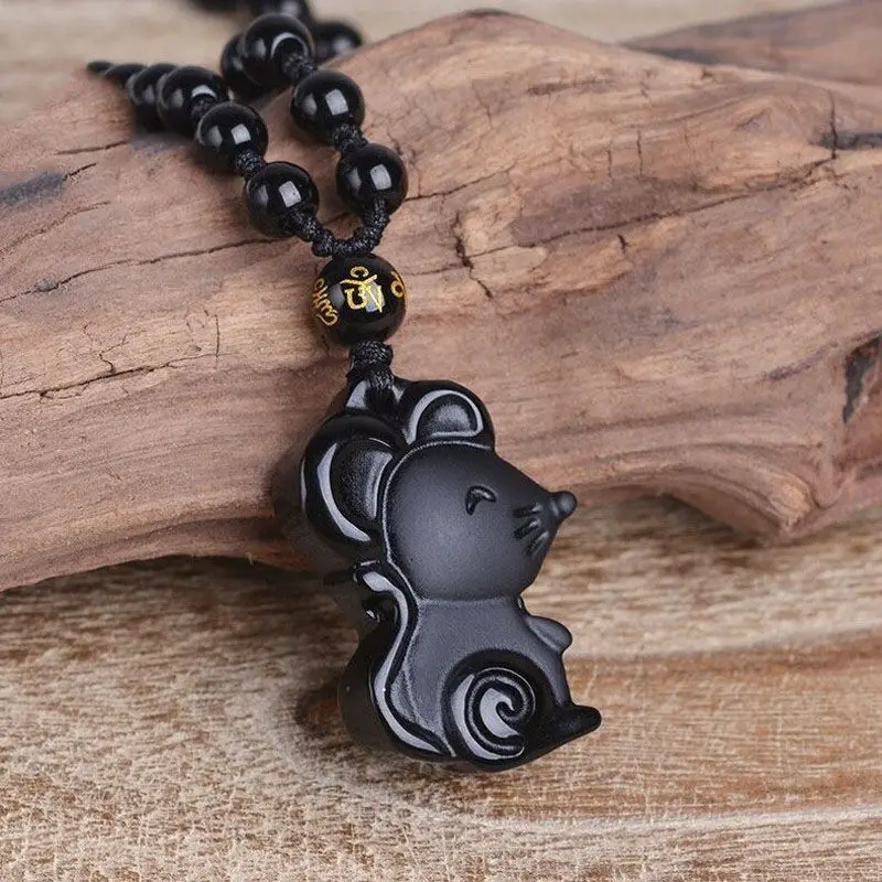 Obsidian Mouse Pendant,  Men and Women Get Together for Wealth and Prosperity, Pendant, Mascot, Black Mouse Pendant.