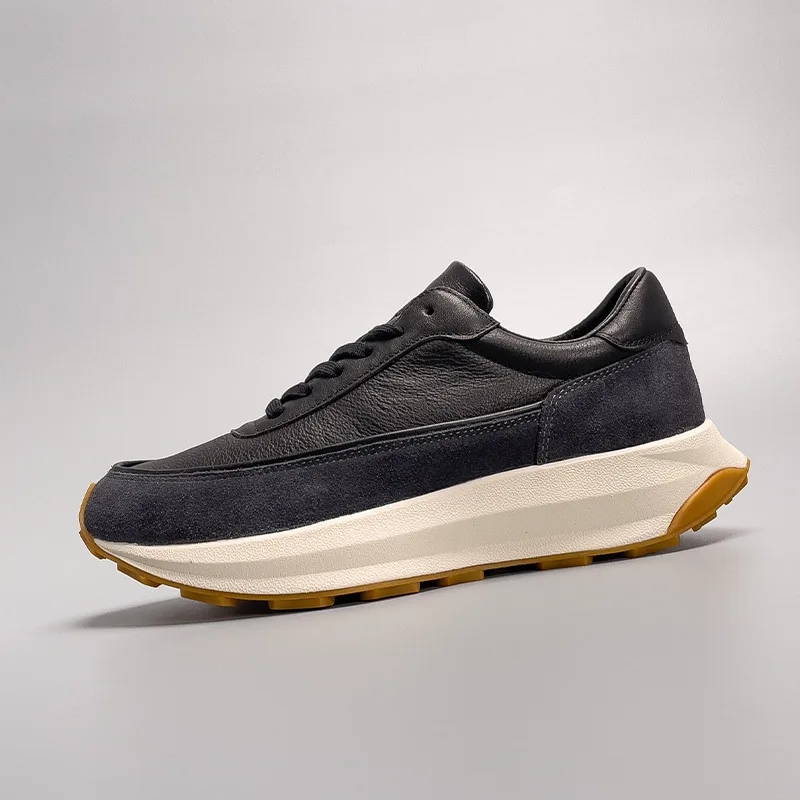 

European Market Men's Retro Running Shoes, Chunky Sole Minimalist Sneakers Handmade Black Genuine Top Grain Leather Cortez Style