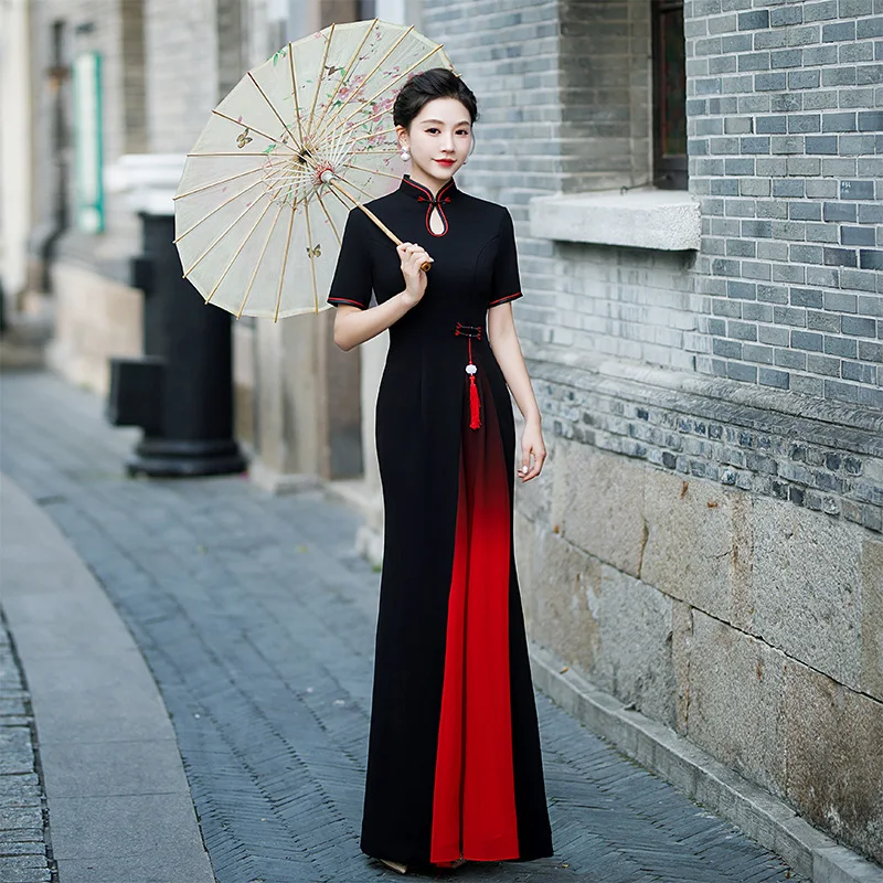 

Black Plus Size 5XL Female Rayon Aodai Qipao Chinese Dress Gown Shawl Party Prom Novelty Cheongsam Vintage Button Maxi Vestidos