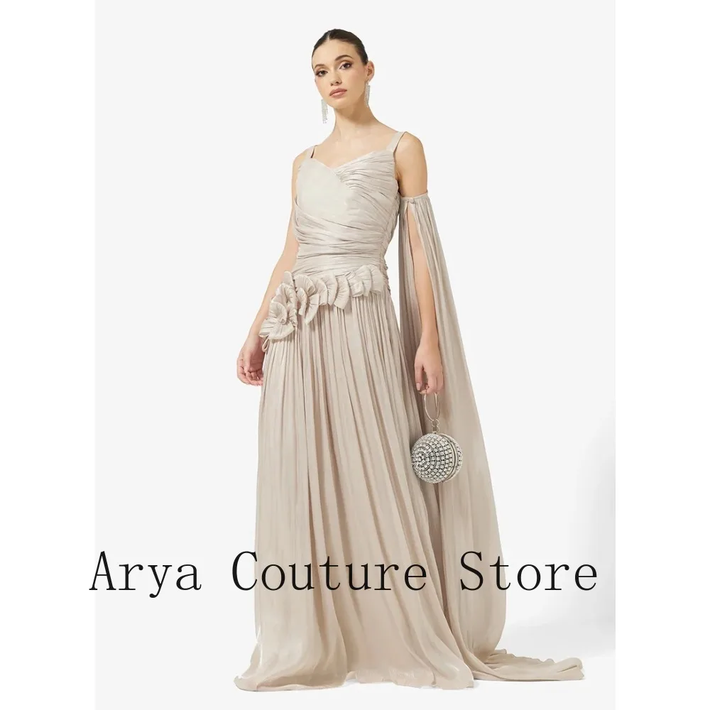 Vestido de Noche Personalizado Beige con Tirantes Finos, Manga Asimétrica Tipo Capa, Fruncido, de Gasa, para Mujer, Fiesta de Graduación, Invitada de Boda, Tallas Grandes