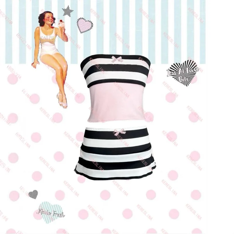 

Ins Style Harajuku Sweet Striped Set Vintage Patchwork Fashion Bow Design Sexy Babes Bandeau Beach Party Skirt Set Summer 2025