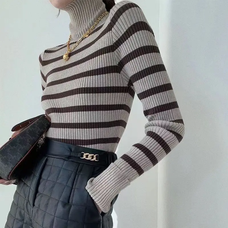 Striped Turtleneck Sweater for Women Slim Pullovers Elegant Autumn Long Sleeve Свитер Ropa Mujer Korean Fashion Knitted Clothing