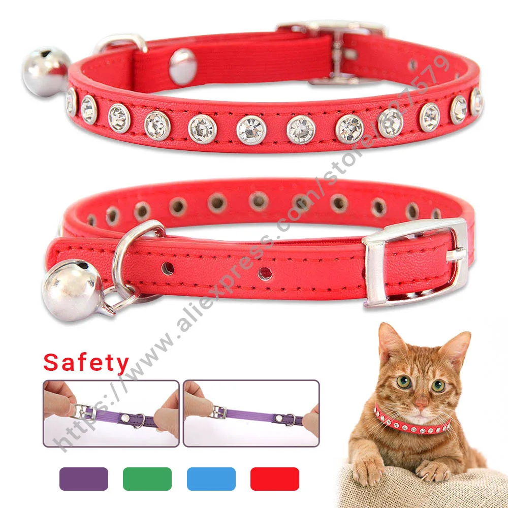 

Shiny Rhinestone Pet Collar Safety Adjustable Cat Dog Collars With Bell Puppy Kitten Decoration Accessories Leather Flocking