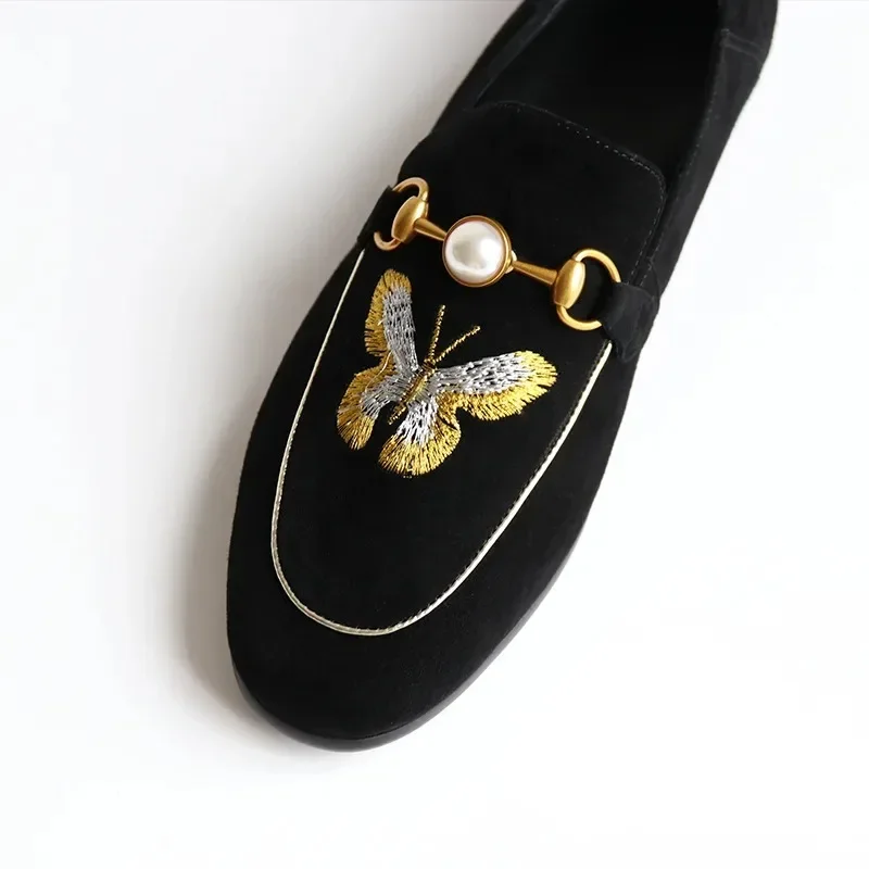 Women Shoes Flat  Loafers Comfortable Work Flats Shoe loafers Female New 2023 Spring Autumn Pearl Embroidered Bee 40