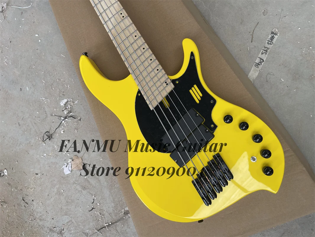 5 Strings Yellow Electric Bass Guitar DingW Bass Maple Fingerboard Fan Frets Black Bridge Active Battery Mini Switch