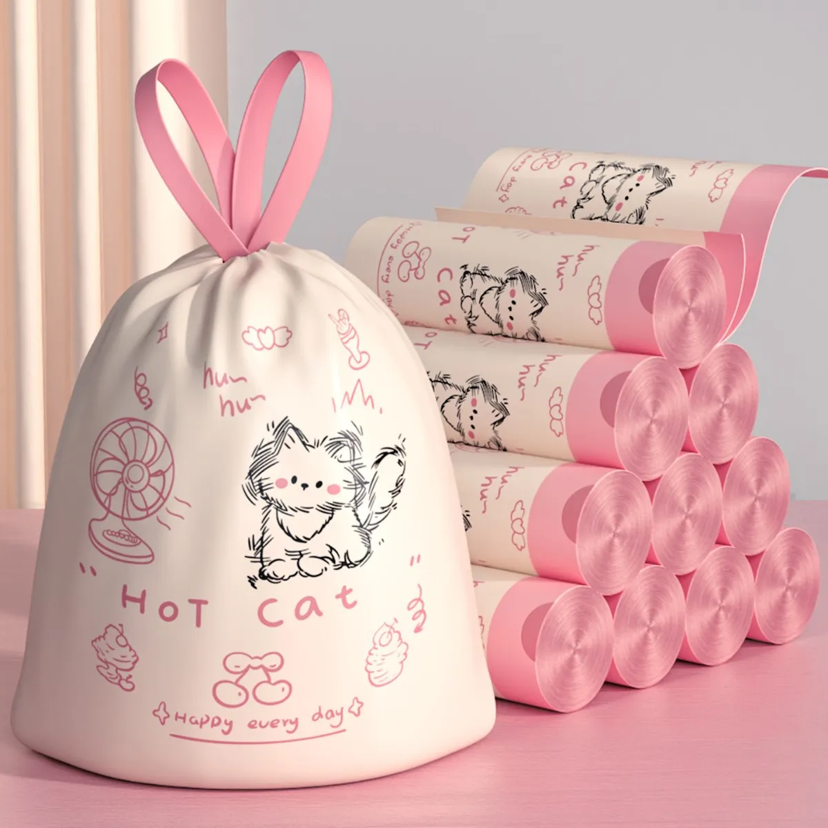 Thickened Kitchen Garbage Bags Drawstring Cute Fan Pattern Household ...