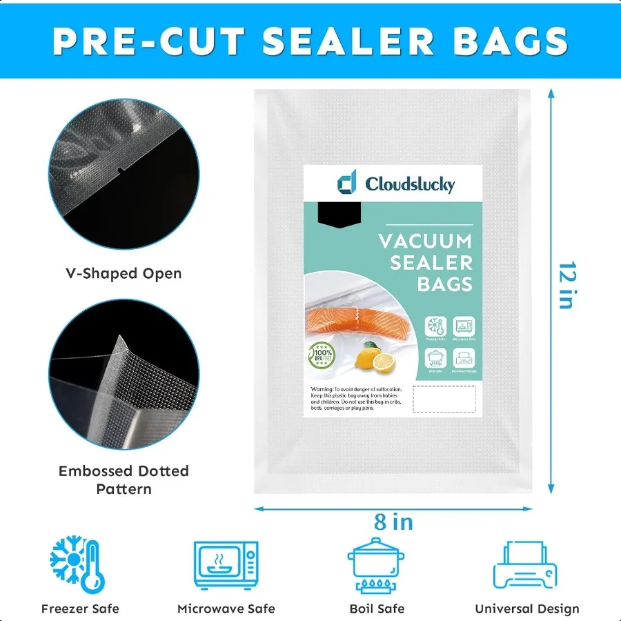 Sacchetti sottovuoto per alimenti Quart 8x12 100 pezzi Sigillano una borsa per pasti Sacchetti per risparmiare alimenti Sacchetti Sous Vide Pretagliati Spessi BPAFree Testurizzati Hea