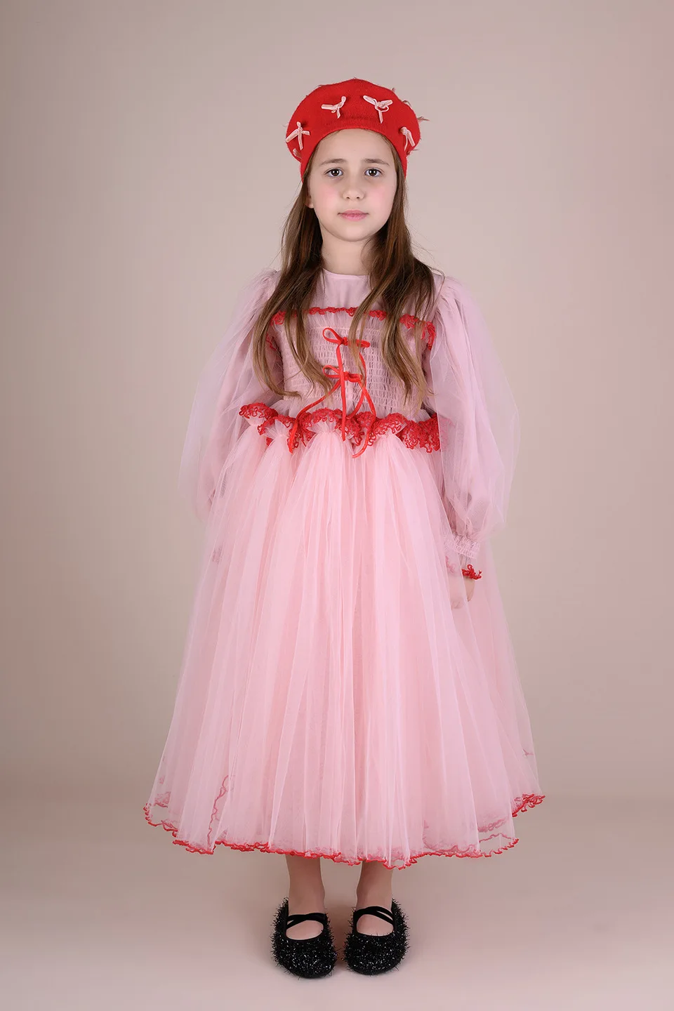 2025 Autumn Winter New Girls Retro Sweet Bow Princess Dress Girls Birthday Party Yarn Dress Long Sleeve Girls Elegant Dress