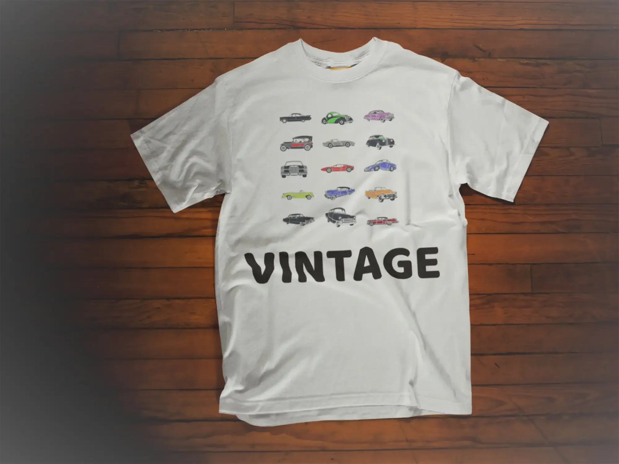 Vintage T Shirt Classic car lovers Heavy Cotton white multicoloured cars Retro collectors top great gift