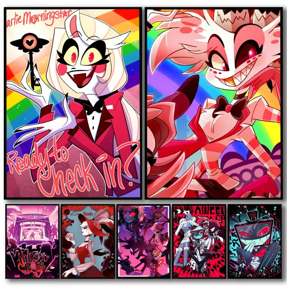 أنيمي H_Hazbin كول H_Hotel اللوحة الخط الكتان قماش المشارك جدار يطبع لغرفة المعيشة غرفة نوم مكتب ديكور المنزل #1