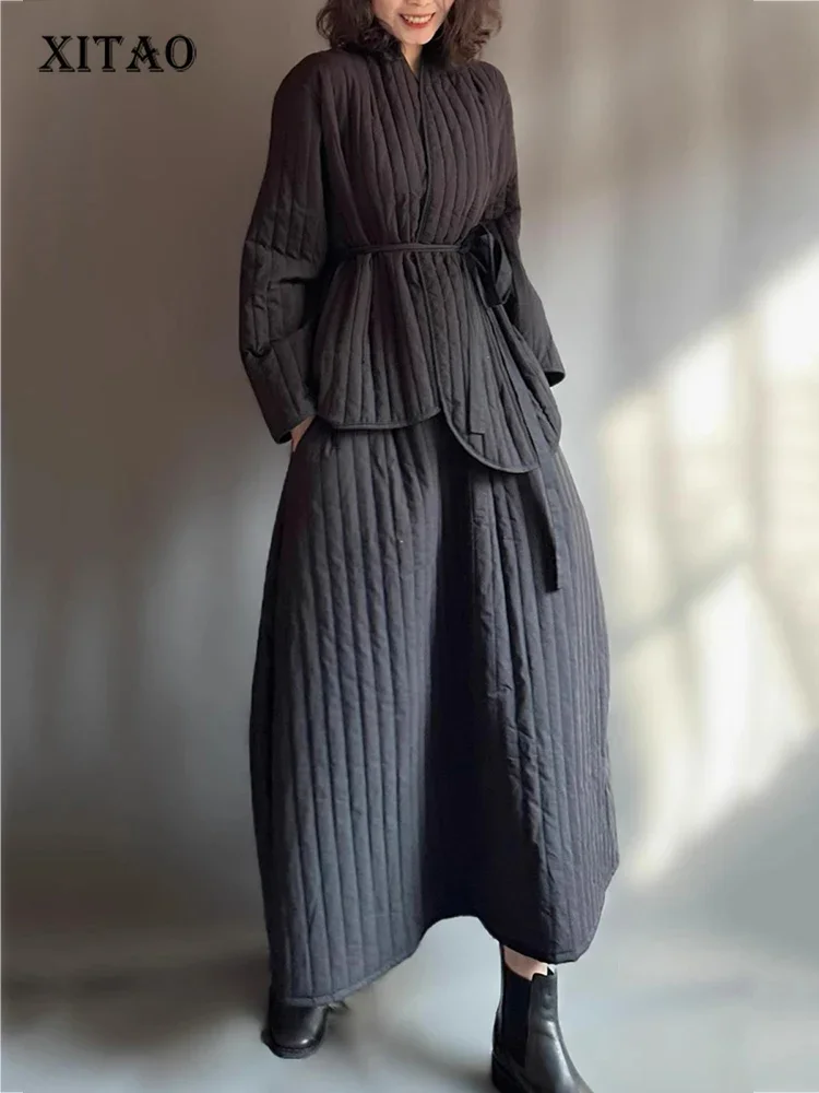 

XITAO Asymmetrical Bandage V-neck Dress Set Solid Color Long Sleeve Casual Top Elastic Waist Patchwork Pocket Skirt Slim GMM1348