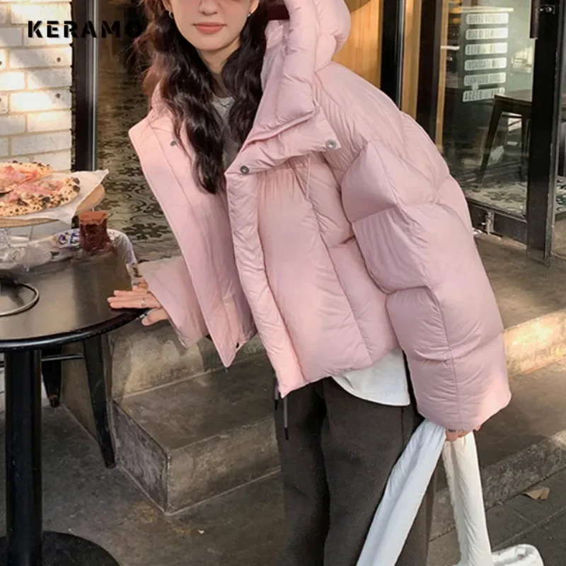 American Retro Style Single Breasted Parkas 2024 Winter Warm Thick Solid Jacket For Women Casual Outerwear Vintage Hooded Coat