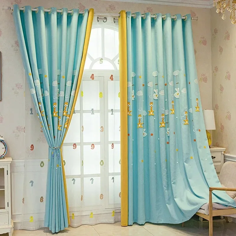 Children's Room Cartoon Splicing Giraffe Embroidered Short Curtain for Boys Girls Curtains for Living Dining Room Bedroom