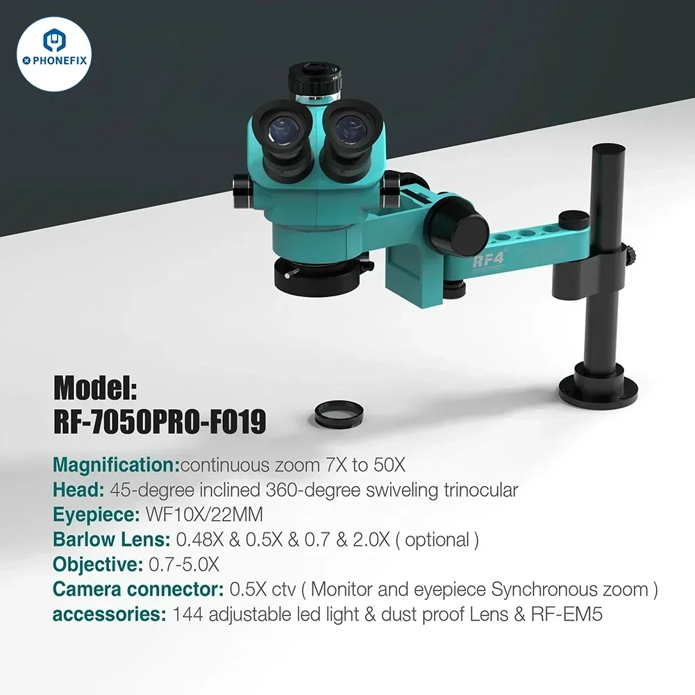 RF4 Trinocular Continuous Zoom Stereo Microscope 6 Speed Precise Locking 360 ° Rotation Adjustable Swing Arm Microscope Tool set