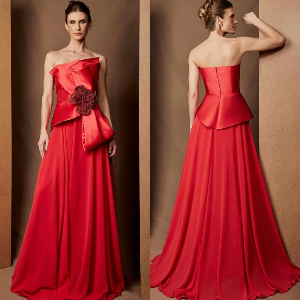 

Customized Chinese Style Bow Handmade Flower Beading Draped A-line Strapless Long Dresses Bespoke Occasion Dresses Retro Elegant