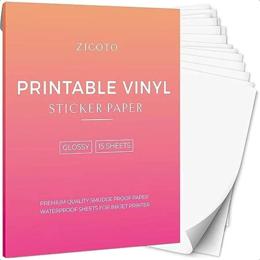 

Premium Printable Vinyl Sticker Paper Glossy White 8.5 x 11 inch Sheets for Your Inkjet Or Laser Printer 15 Waterproof Decal Pa