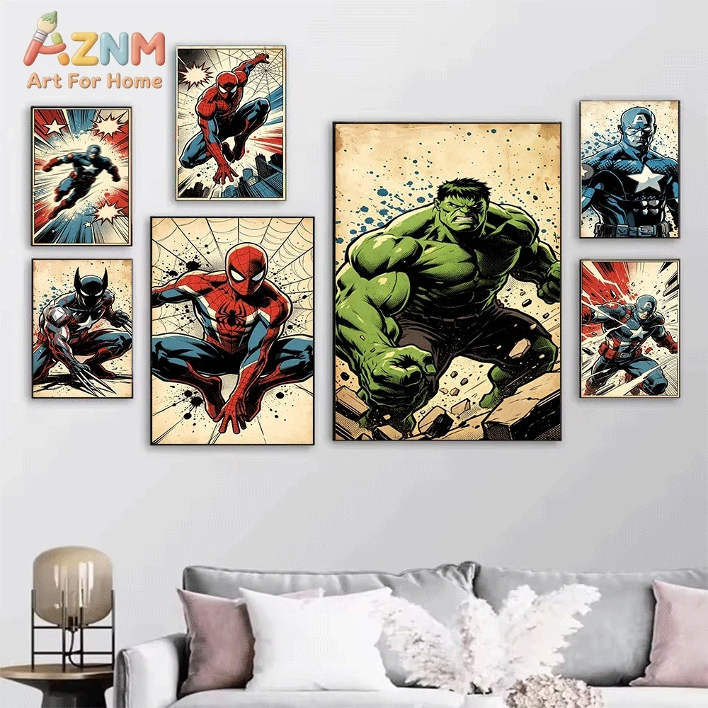 Vintage Captain America Comic Canvas Wall Print, Retro Superhero Comic Book Illustration Art Poster, Unframed Canvas Painting
