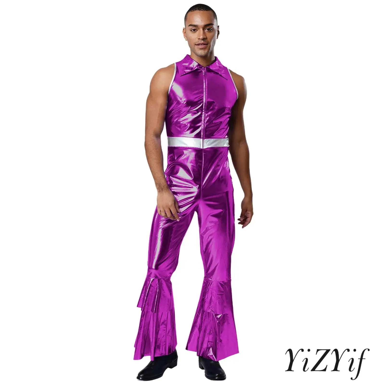 

Glam Rock Singer Costume for Men Shiny Metallic Jumpsuit with Lapel Collar And High Waist Design for Stage Shows Disco Dancewear