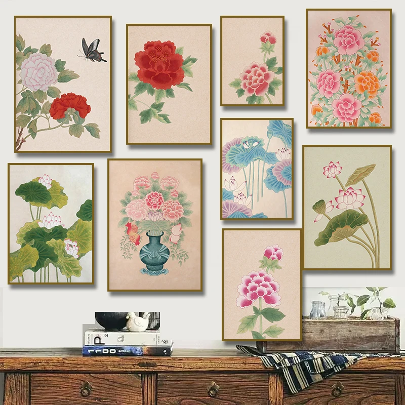 1PC--Classic Korean Folk Art Lifelike Peony Water Lily Yellow Mum Poster Canvas Painting Prints Wall Art Pictures Bedroom Hom