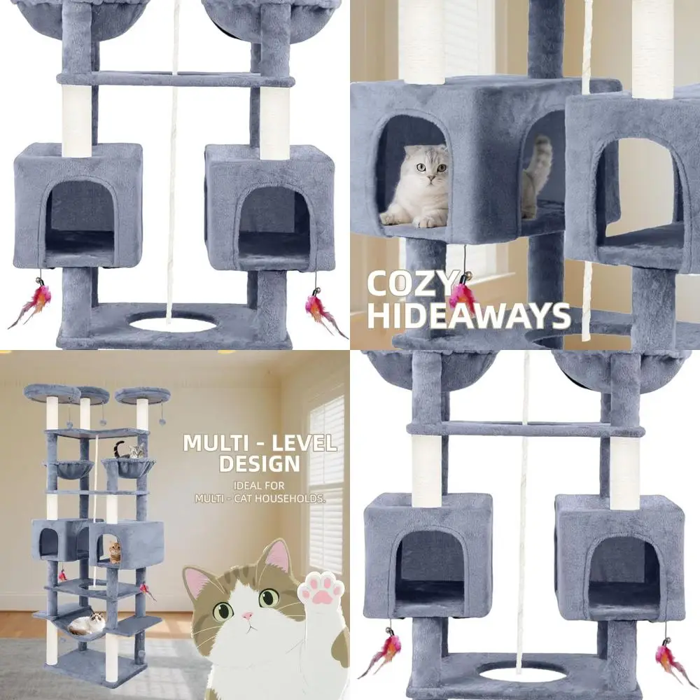 

Indoor Multi-Level Cat Tree with Hammock, 2 Condos, Hanging Baskets, Toys, Perches, Balls, Scratching Posts, Grey