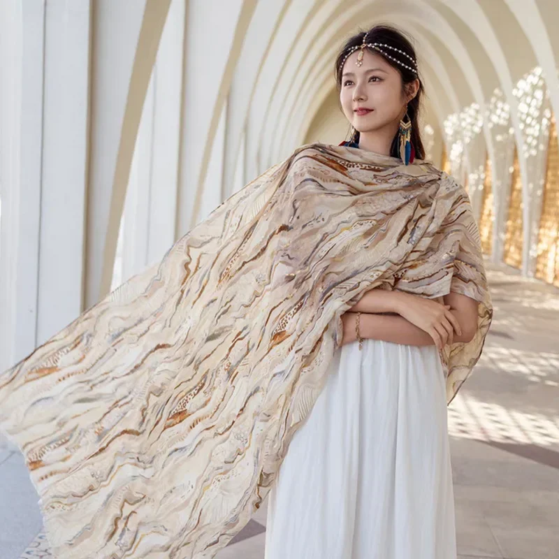 180*90 سنتيمتر الصحراء السفر الذهب طباعة شال المرأة الصيف رقيقة وشاح الشاطئ التستر بوهو شيك وشاح