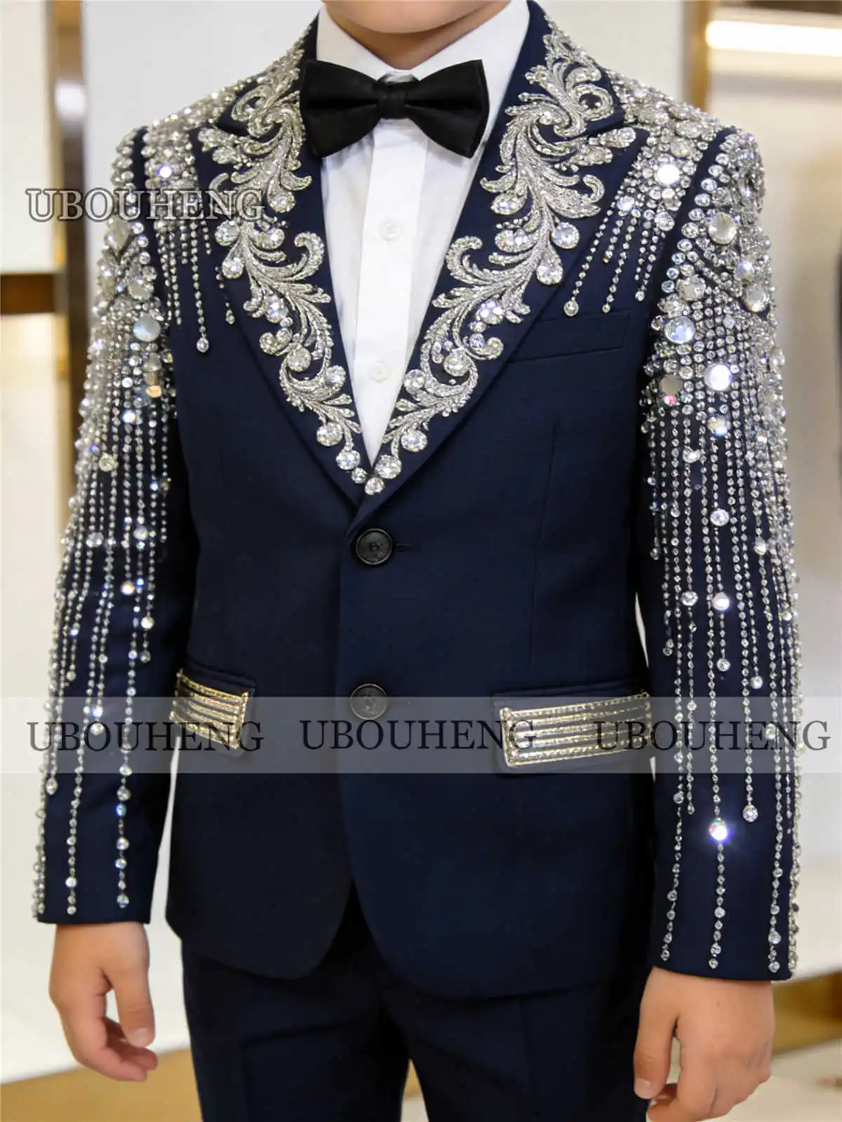 Glittering Beaded Crystals Boy Suits For Wedding Single Breasted Jacket Pants 2 Piece Sets Children Banquet Attire KIds Outfits