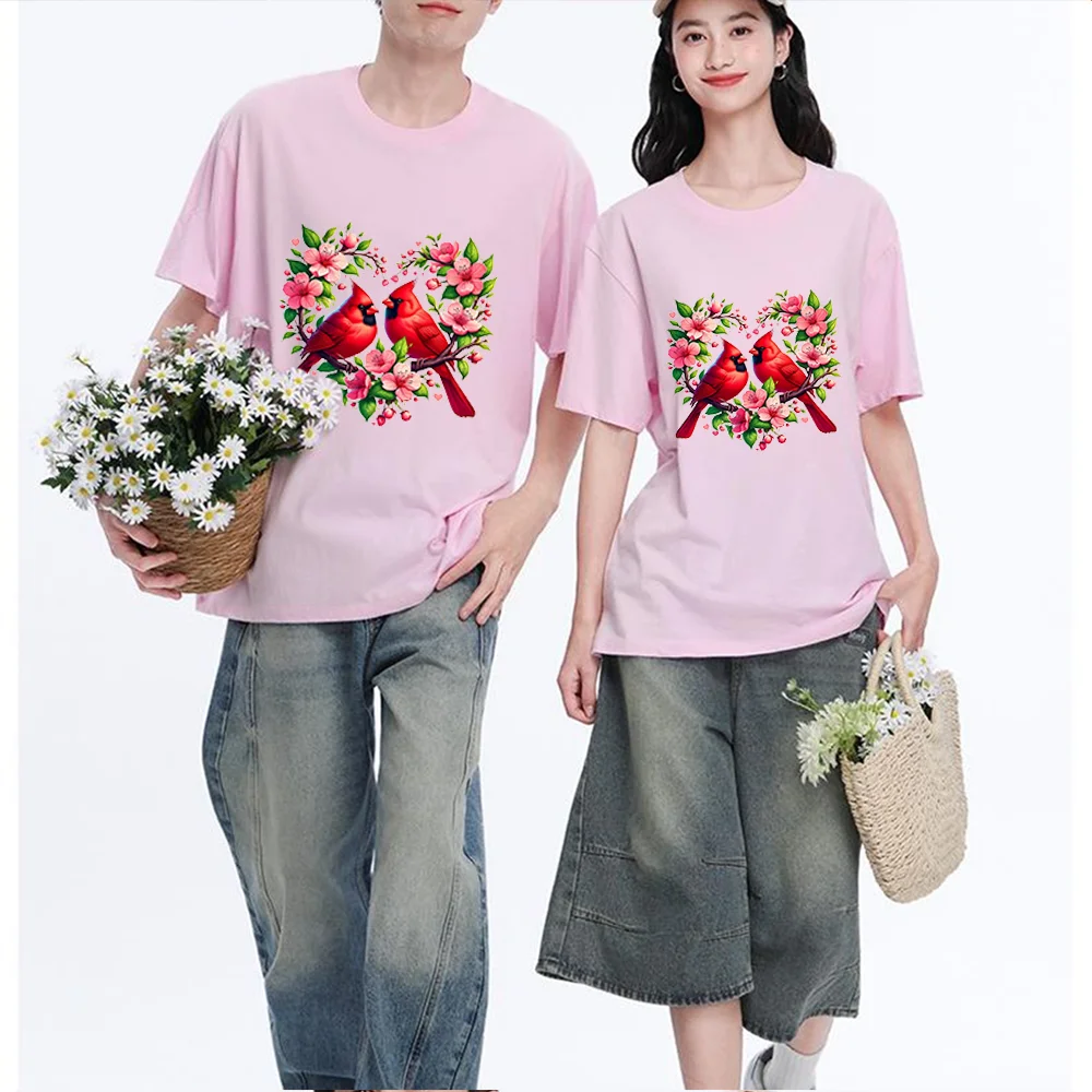 Red Cardinal Birds And Pink Cherry Blossoms Printed T Shirt Breathable Fabric S-XXL Personalized Custom T Shirt Casual Short Sle