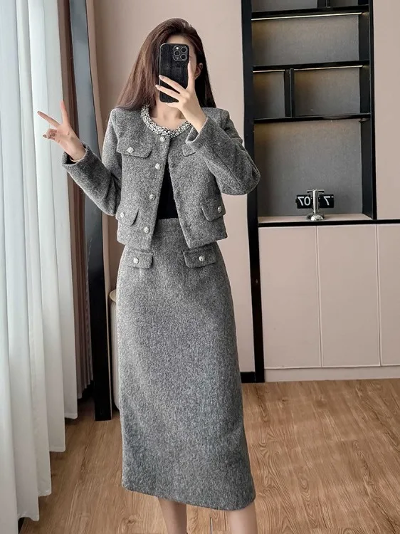 

Elegant Woolen Suit Set for Women High Waist Skirt And Jacket Two Piece Set Autumn Winter Fashion Luxury Style