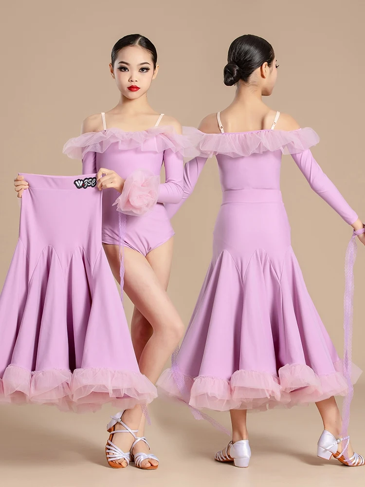 Off-Shoulder Ballroom Dancing Competition Dress Girls Tango Waltz Dance Costume Children Standard Performance Outfit VDB7972