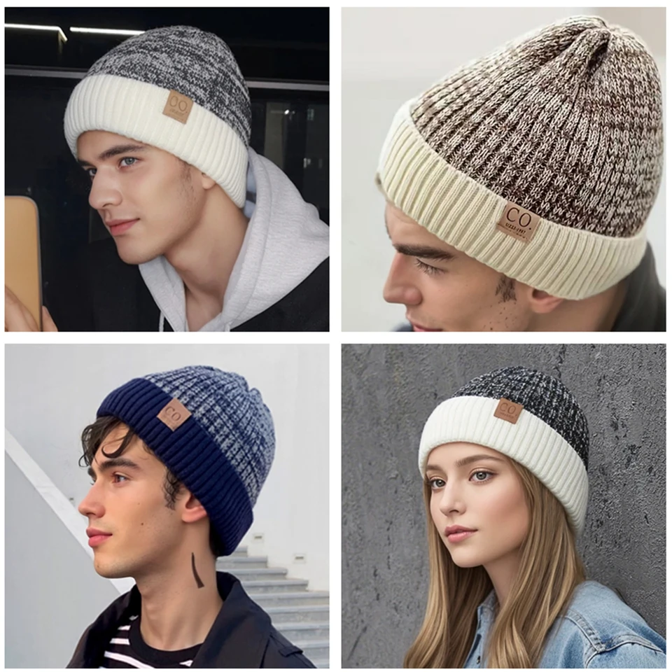 New Unisex Two-Tone Winter Hats Add Fur Lined Men And Women Fashion Warm Beanie Cap Casual Winter Knitted Hats, image 5