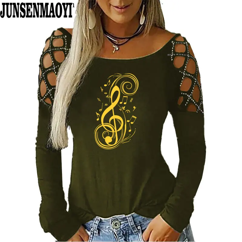 Musical Note Music Tide Casual Fashion Women O-Neck T Shirt Print T-Shirt Long Sleeves Funny T Shirts clothes Top Tees