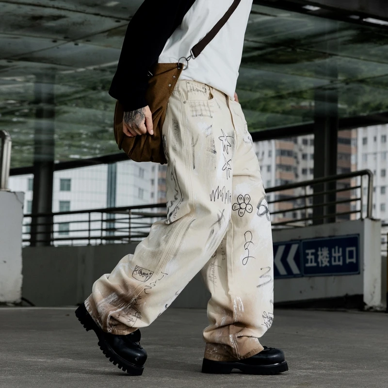 

YY40001 Новый американский модный бренд, персонализированные свободные прямые джинсы с граффити для мужчин