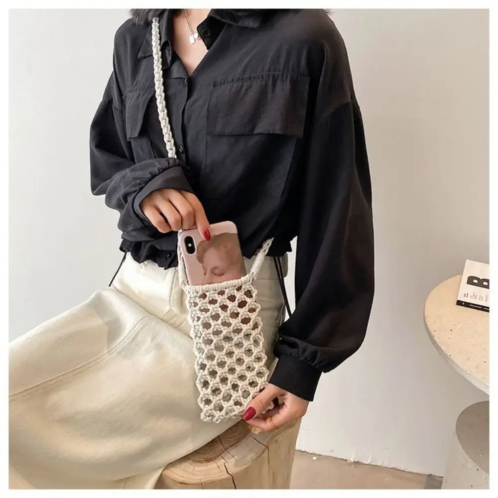 2025 Women Small Crossbody Phone Bag Hollow-out Solid Color Braided Shoulder Handbag Lightweight Fashion Handmade Woven Bag