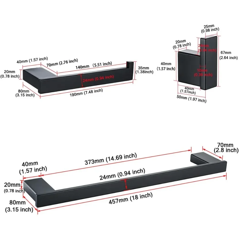 ชุดอุปกรณ์ห้องน้ำสีดำด้านทันสมัย: ราวแขวนผ้าเช็ดตัว 18 นิ้ว, ที่ใส่กระดาษชำระ, ตะขอแขวน 2 อัน เพื่อการตกแต่งที่มีสไตล์