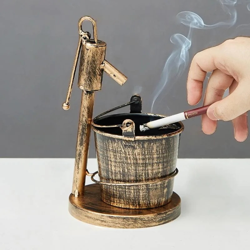 Vintage Chinese Style Iron Ashtray Retro Water Pump Design Home Desktop Decor Ornament Lucky Gift For Men Husband Father Smokers