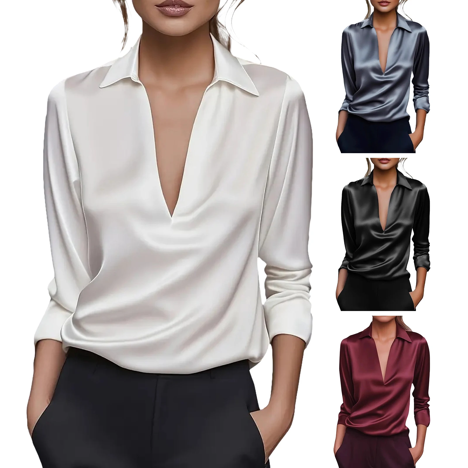2026 New Women\'s Long-sleeved Shirt 10 Color Lapel Satin Button Cardigan Office Commuting Elegant Simple Top Basic Blouses