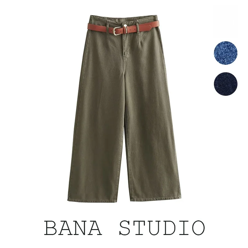 

High Waist Wide Leg Straight Jeans Women's Early Spring New Long Pants BANAZA Single Belt Denim Spring Faion Ladies' Jeans