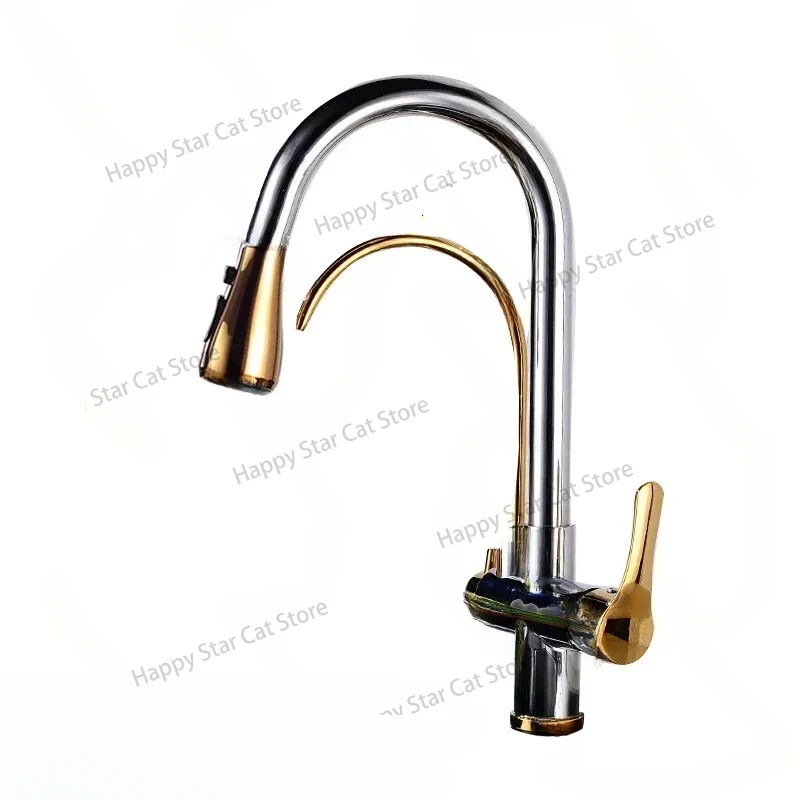 Gold Touch Filter Kitchen Faucets 3 Ways Hot Cold Pull Out Kitchen Mixer Tap Solid Brass Golden Sensor Touch Kitchen Faucet