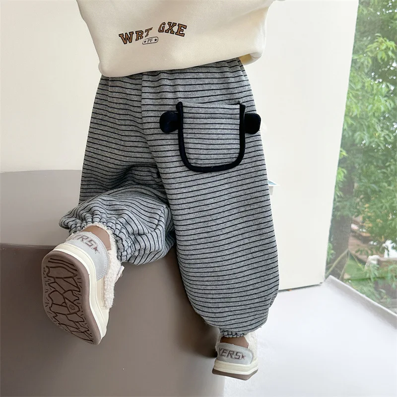 

Новые зимние детские штаны для девочек, полосатые штаны с вышивкой медведя для маленьких девочек, утепленные штаны с эластичной резинкой на талии, штаны для маленьких девочек, уличные штаны