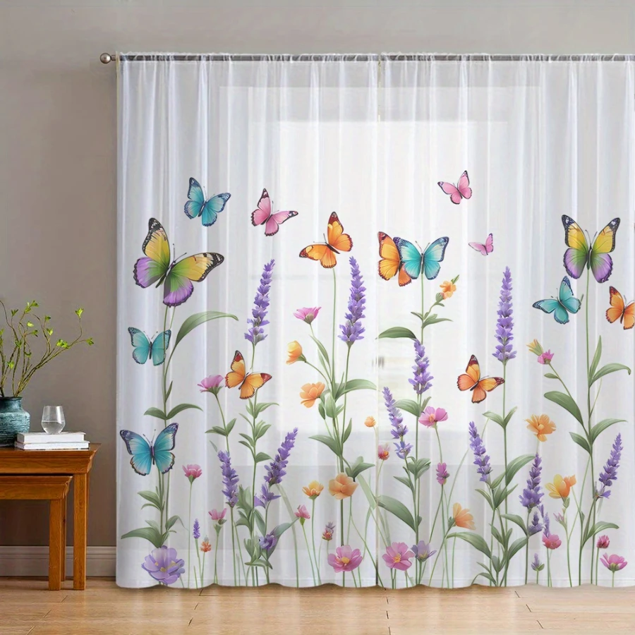 2PCS Digital Print Sheer Curtains, Iridescent Butterfly Pattern, Dreamy Romantic Style for Living Room Bedroom Window Decor