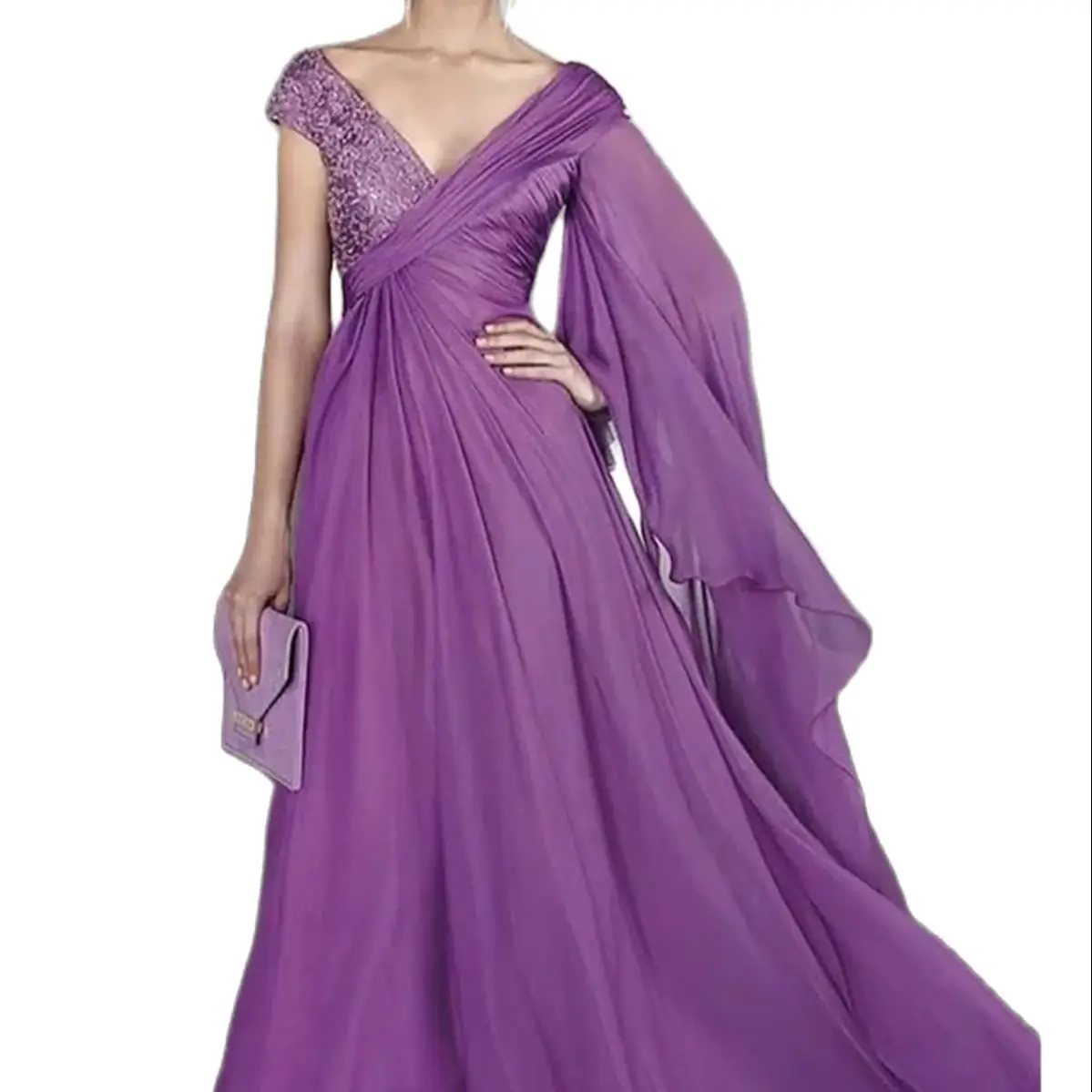 A-lijn Bruiloft Gast Jurken Prom Avond Hof Party Mouwloze V-hals Chiffon Met Ruches Glitter 2023 Elegante Aristocratie