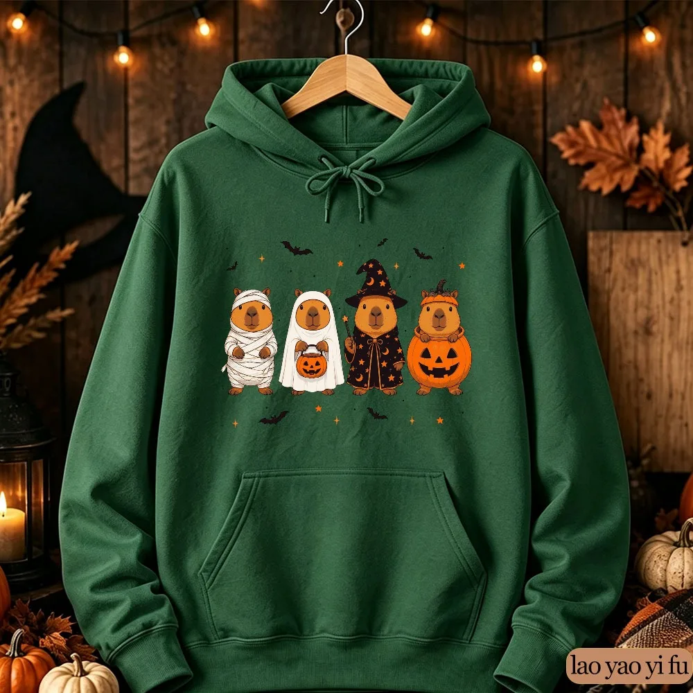 Men's Halloween Capybara Vintage Funny Mummy Ghost Witch Pumpkin Graphic Casual Long Sleeve Pullover Autumn Spooky Season Hoodie