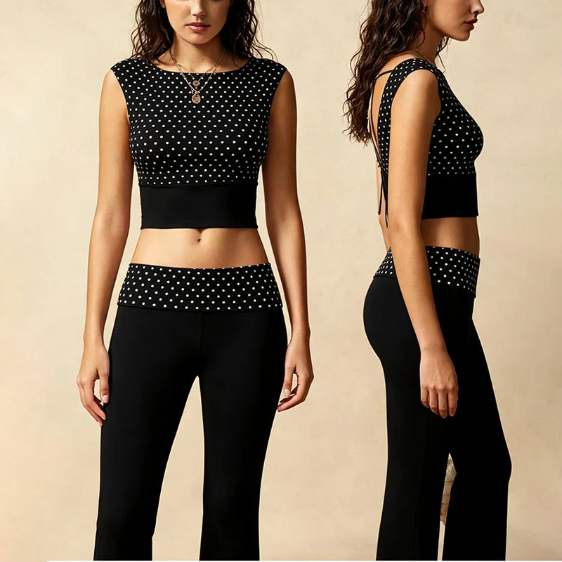 Printed Yoga Set Featuring Large Halter Tether Breathable Shockproof Sports Top Folded Horn Trousers