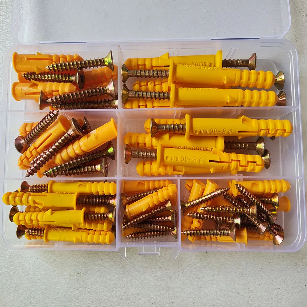 90PCS  Drywall anchor expansion bolts, nylon self-tapping screws, bolts with ribs, yellow, drywall, M6 M8