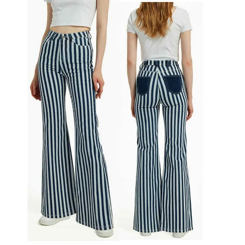 

EU Size High Waist Skinny Pants Femme Stripe Wide Leg Trousers Color Blocking Pocket Decoration Flare Pants