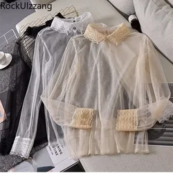 Through Transparent Soft Mesh Long Sleeve Blouse Summer Fall Sexy Fashion Solid Shirt Women Top 2022 blusas underwear Lingerie