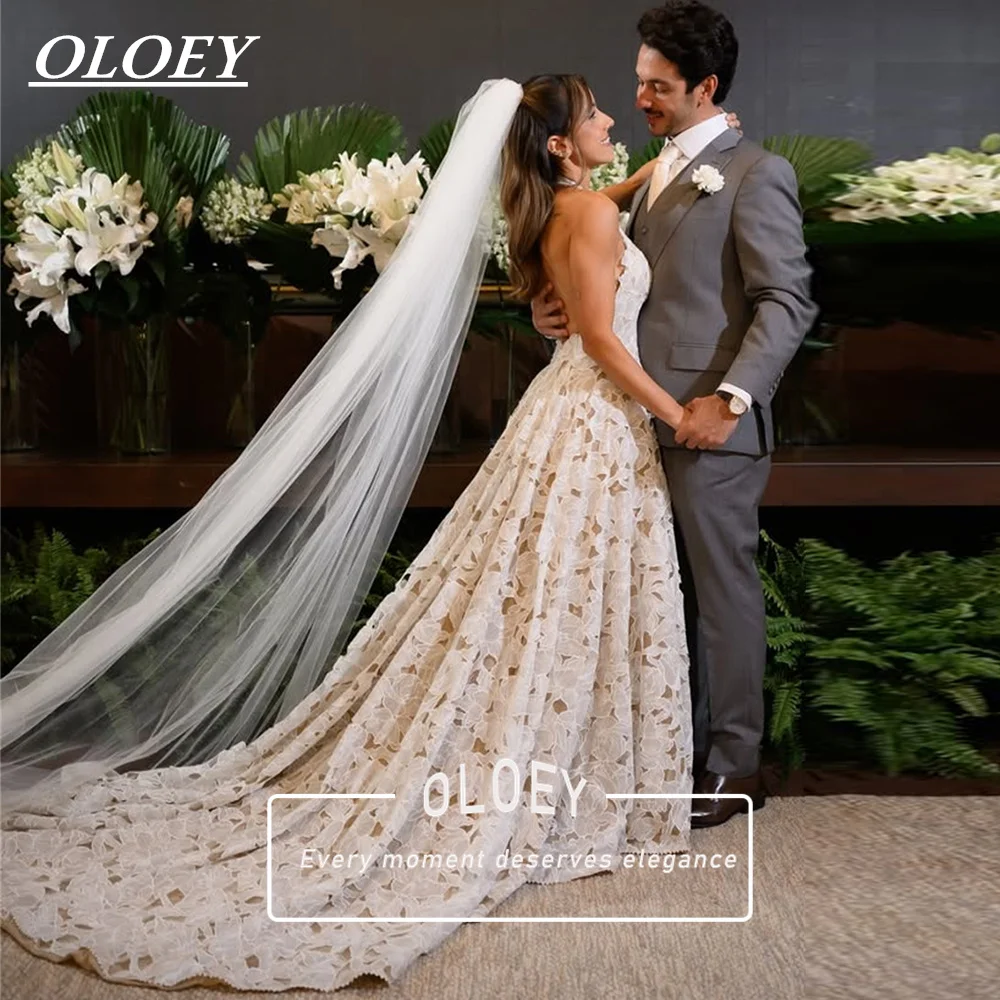 OLOEY Luxury Lace A Line Wedding Dress With Light Champange Lining Sleeveless Long Train Bridal Gown 2027 Customized