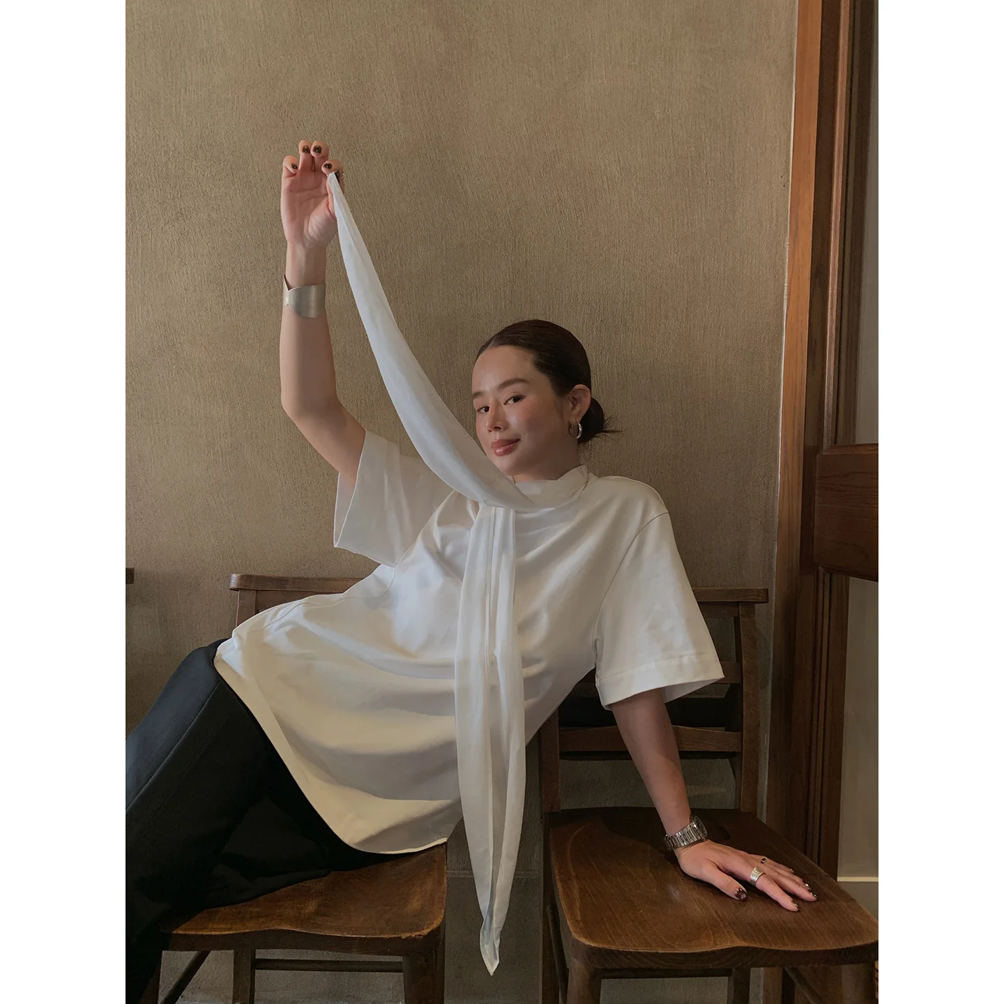 Women T-Shirts T Shirt Solid Basic Tops Scarf Collar Streamer Y2k Short Sleeves Slight Strech Thin Elegant Casual 2026 Summer