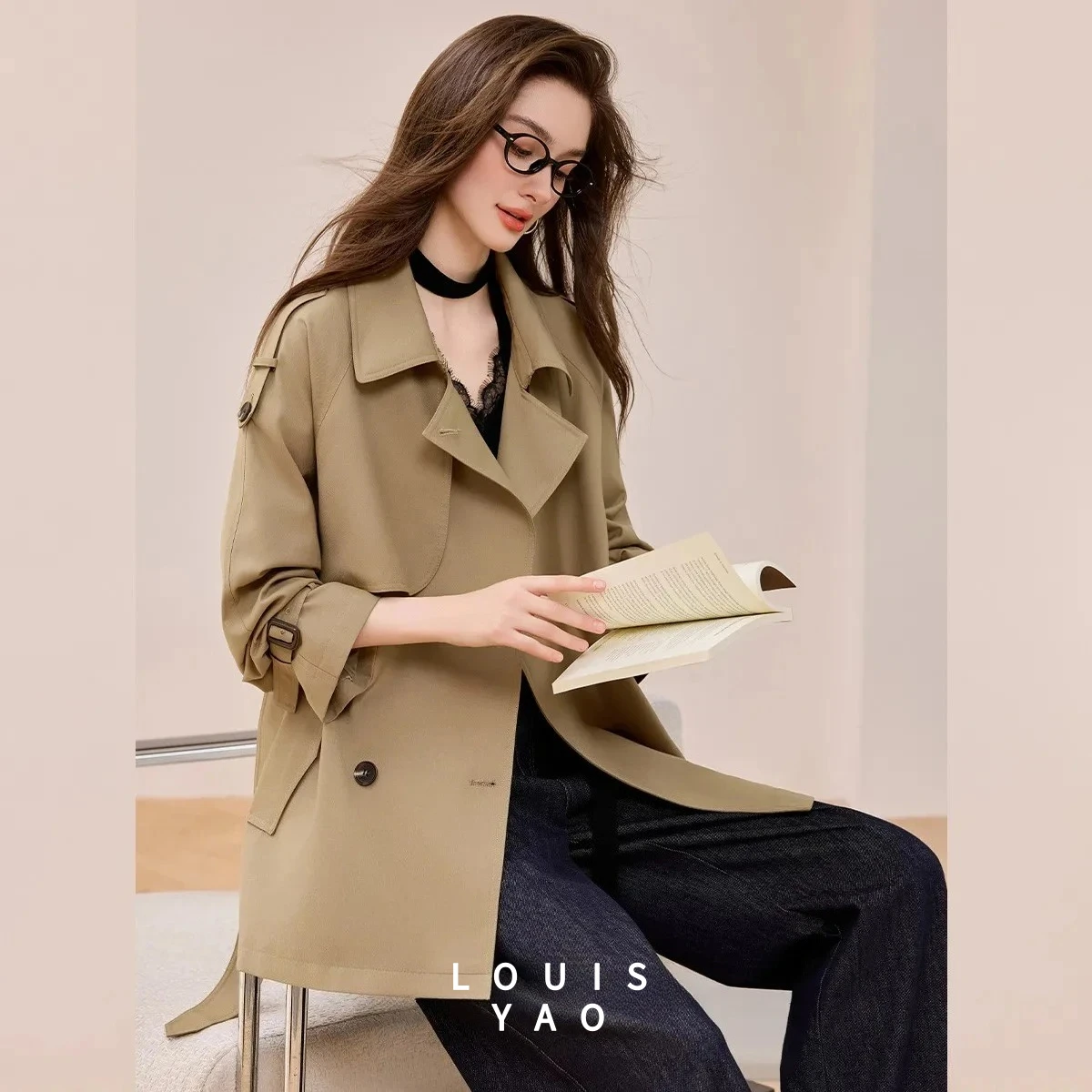 LOUISYAO Office Lady Trench Coat Women 2025 Autumn Retro Double Breasted Waist Belt Non Elastic Windbreaker Outerwear New In