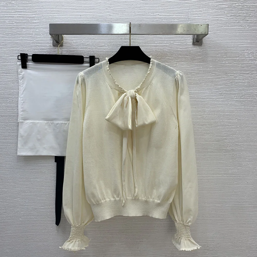 

Высококачественная женская блузка с пышными рукавами и бантом, свободного кроя, однотонная, весна-лето, повседневный топ xy26011975